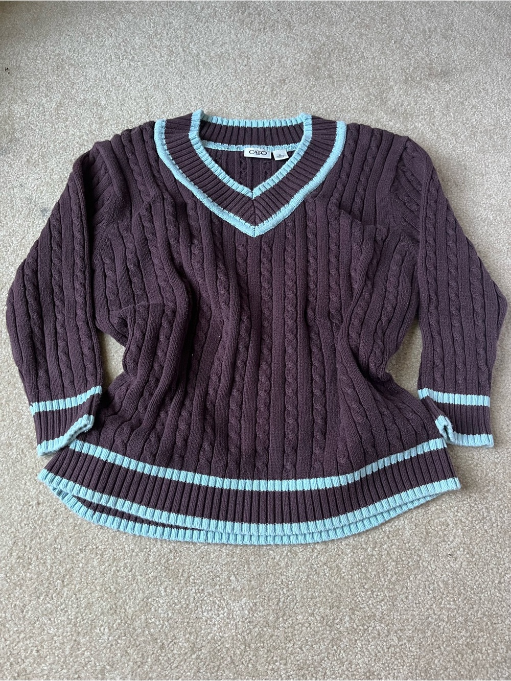 Cato Women's Dark Brown V-Neck Cable Sweater with Light Blue Trim